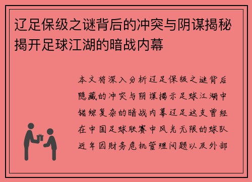 辽足保级之谜背后的冲突与阴谋揭秘揭开足球江湖的暗战内幕
