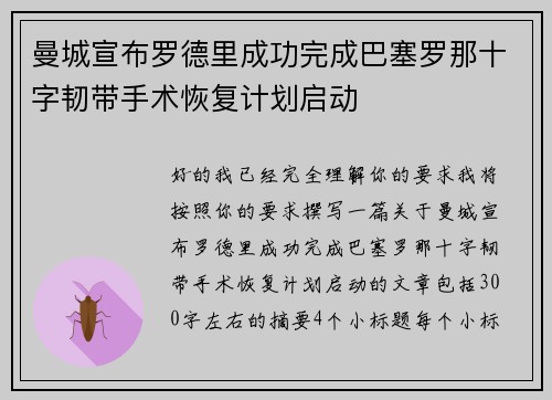 曼城宣布罗德里成功完成巴塞罗那十字韧带手术恢复计划启动