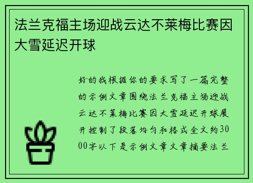 法兰克福主场迎战云达不莱梅比赛因大雪延迟开球 法兰克福主场迎战云达不莱梅比赛因大雪延迟开球
